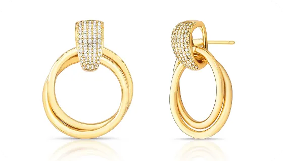 Brincos de argola dourada dupla com detalhe superior cravejado de zircônias