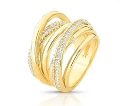 Anel dourado com design entrelaçado e fileiras de pequenas zircônias brilhantes