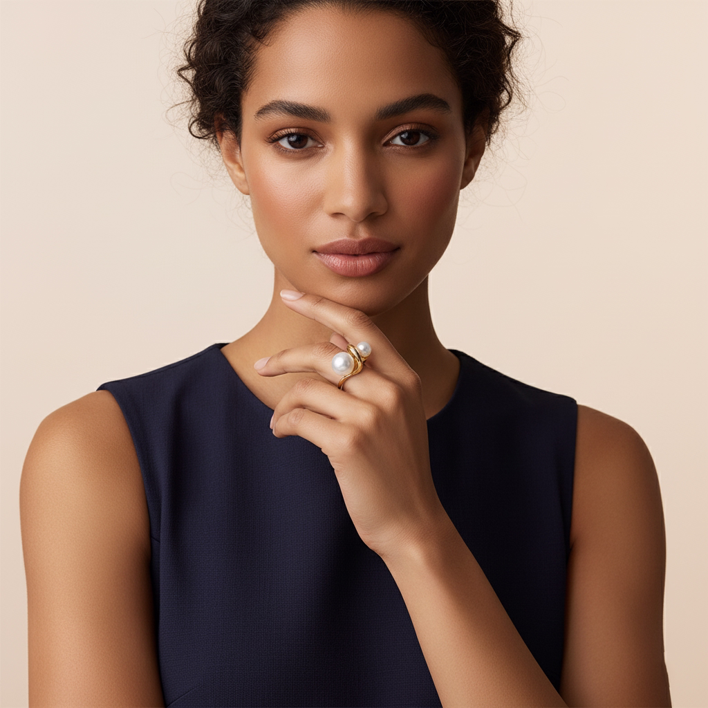 Modelo de Inteligencia Artificial usando brincos azuis em formato retangular, com cabelo solto e sorriso suave.