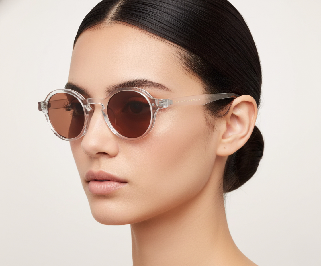 Close do rosto feminino destacando brinco pequeno de diamante e anel de noivado prateado.