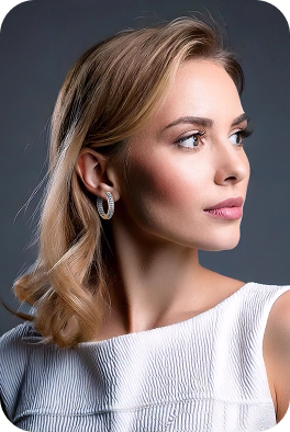 Modelo feminina loira com cabelo preso e brincos prateados ovais, em pose de perfil.