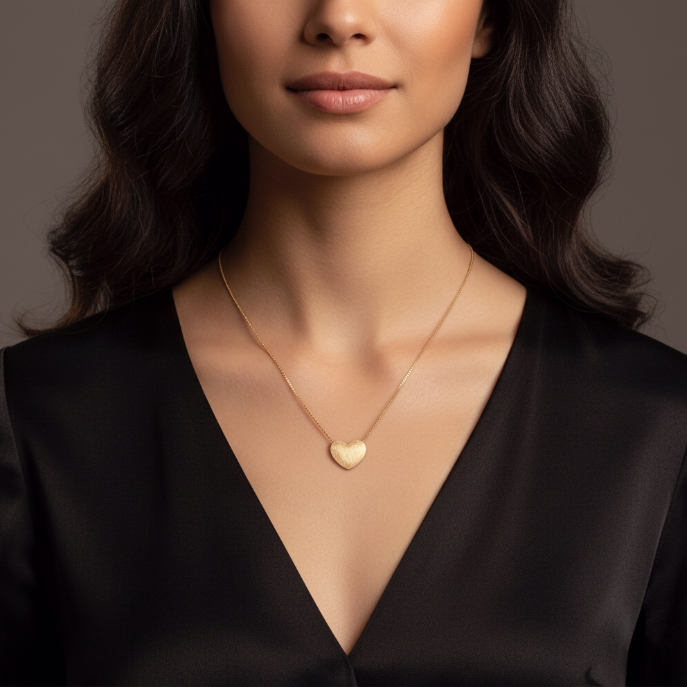 Modelo feminina loira com cabelo preso e brincos prateados ovais, em pose de perfil.