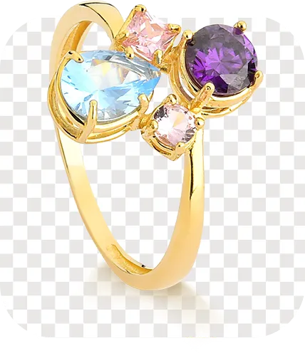 Anel dourado com pedras coloridas recortado em fundo transparente, mostrando fotografia sem fundo.
