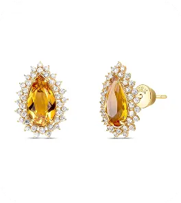 Brincos dourados com pedra central âmbar em formato de gota, rodeada por pequenas zircônias.