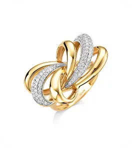 Anel dourado com design entrelaçado e detalhes em zircônias.