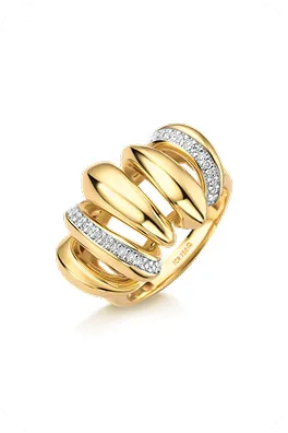 Anel dourado largo com faixas intercaladas de zircônias.