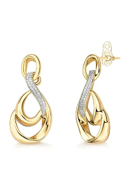 Brincos dourados alongados com curvas elegantes e detalhes em zircônias.