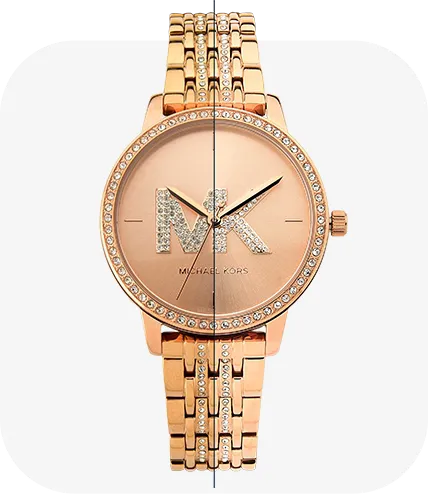 Relógio dourado com comparação antes e depois do tratamento de imagem, evidenciando fidelidade do produto.