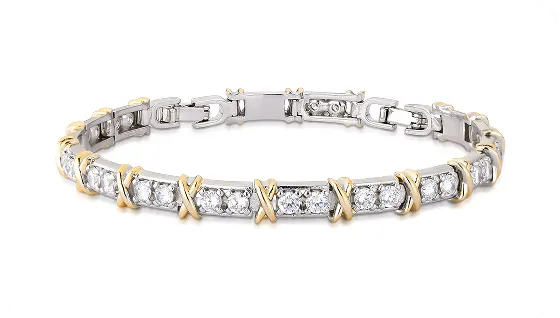 Pulseira bicolor com zircônias quadradas e detalhes dourados.