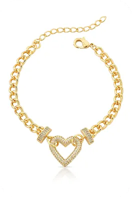 Pulseira dourada com corrente grossa e pingente em formato de coração.