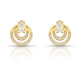 Brincos dourados com círculos entrelaçados e detalhes de zircônias.